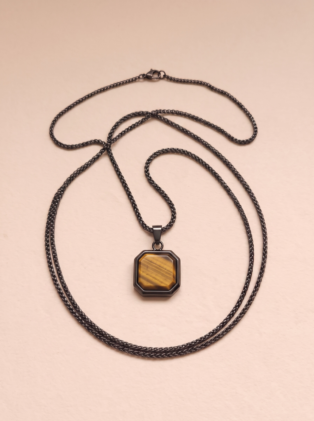 Men’s Black Stainless Steel Natural Tiger’s Eye Pendant Necklace by Pink Shop UK