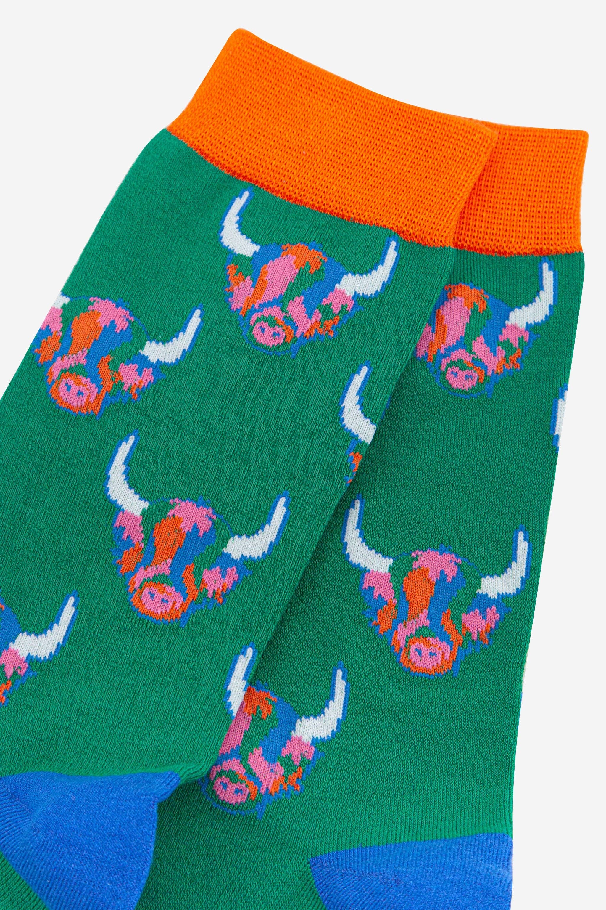 Men’s Rainbow Highland Cow Print Bamboo Socks in Green by Sock Talk