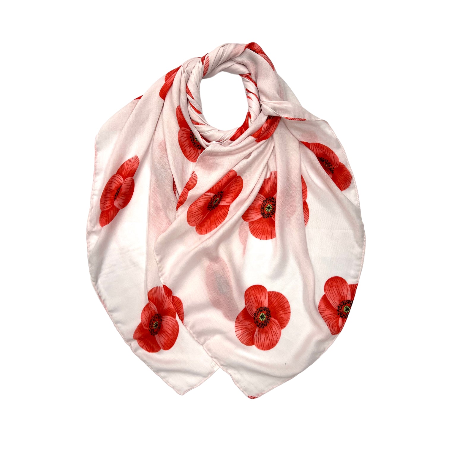 Poppy Flower Print on Lightweight Cotton Blend Scarf in White by London Scarves