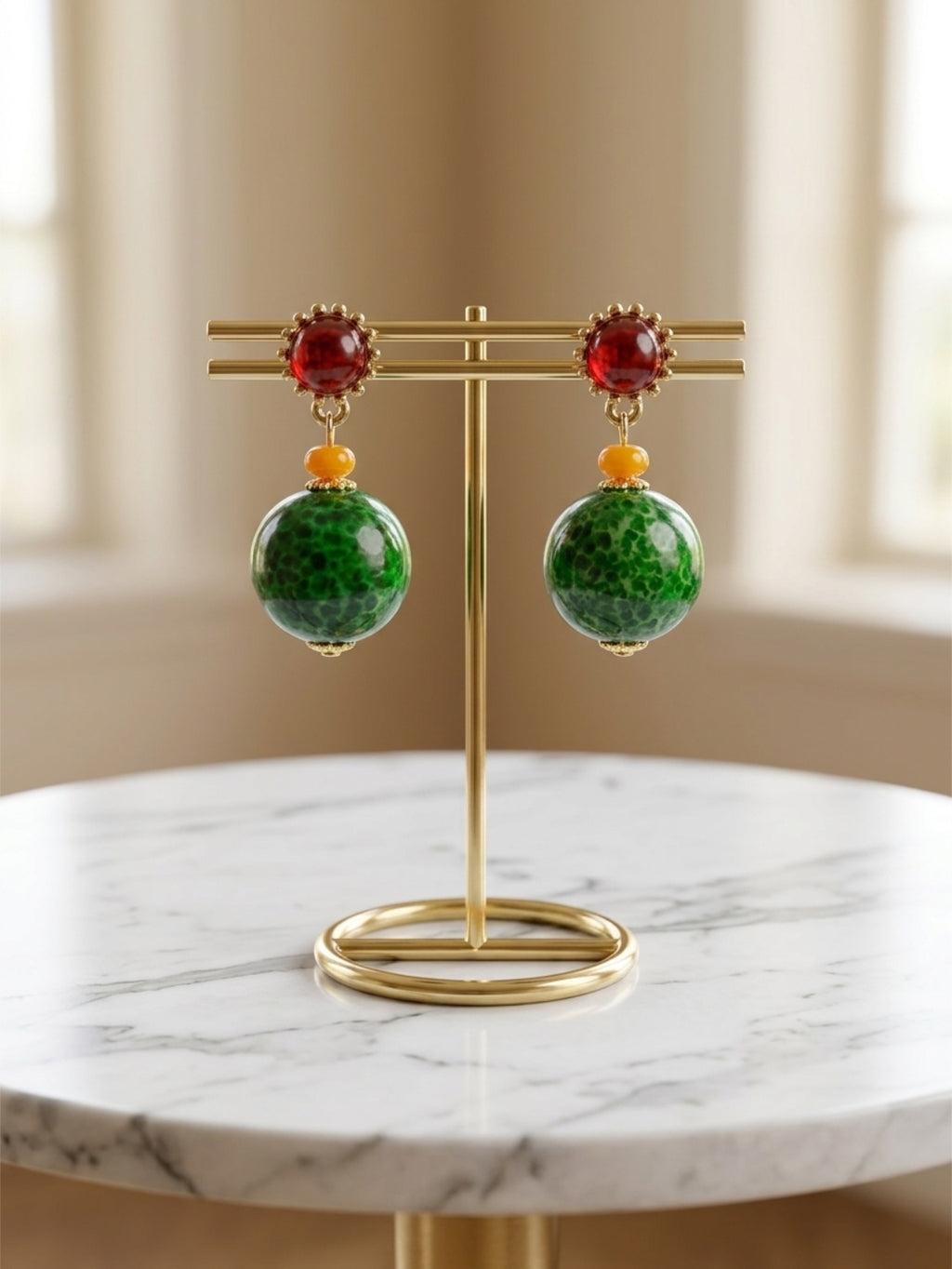 Bold Red, Orange & Green Drop Earrings • 4cm × 2cm • Gold-Tone • Silver Posts