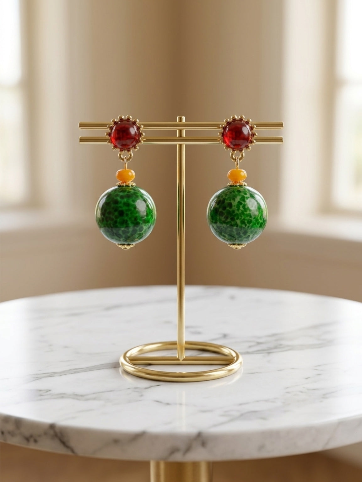Bold Red, Orange & Green Drop Earrings • 4cm × 2cm • Gold-Tone • Silver Posts