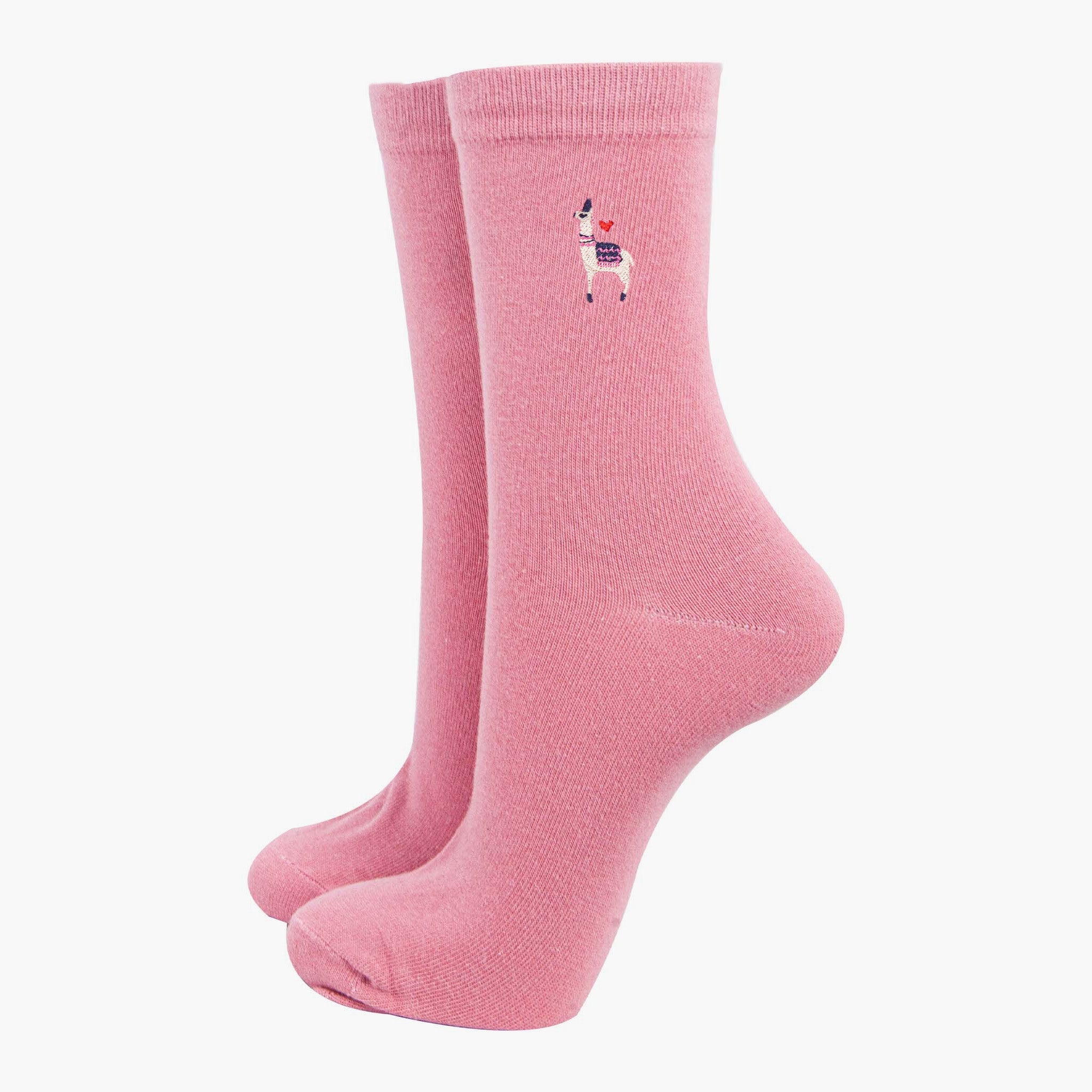 Women’s Embroidered Ankle Socks- Pink, Lama by Sock Talk