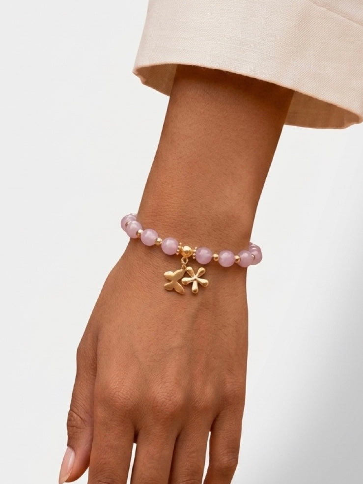 Luna Bracelet | 8mm Natural Premium Kunzite Beads | 18ct Gold-Plated Copper. Handcrafted by Artist Kristine Keina