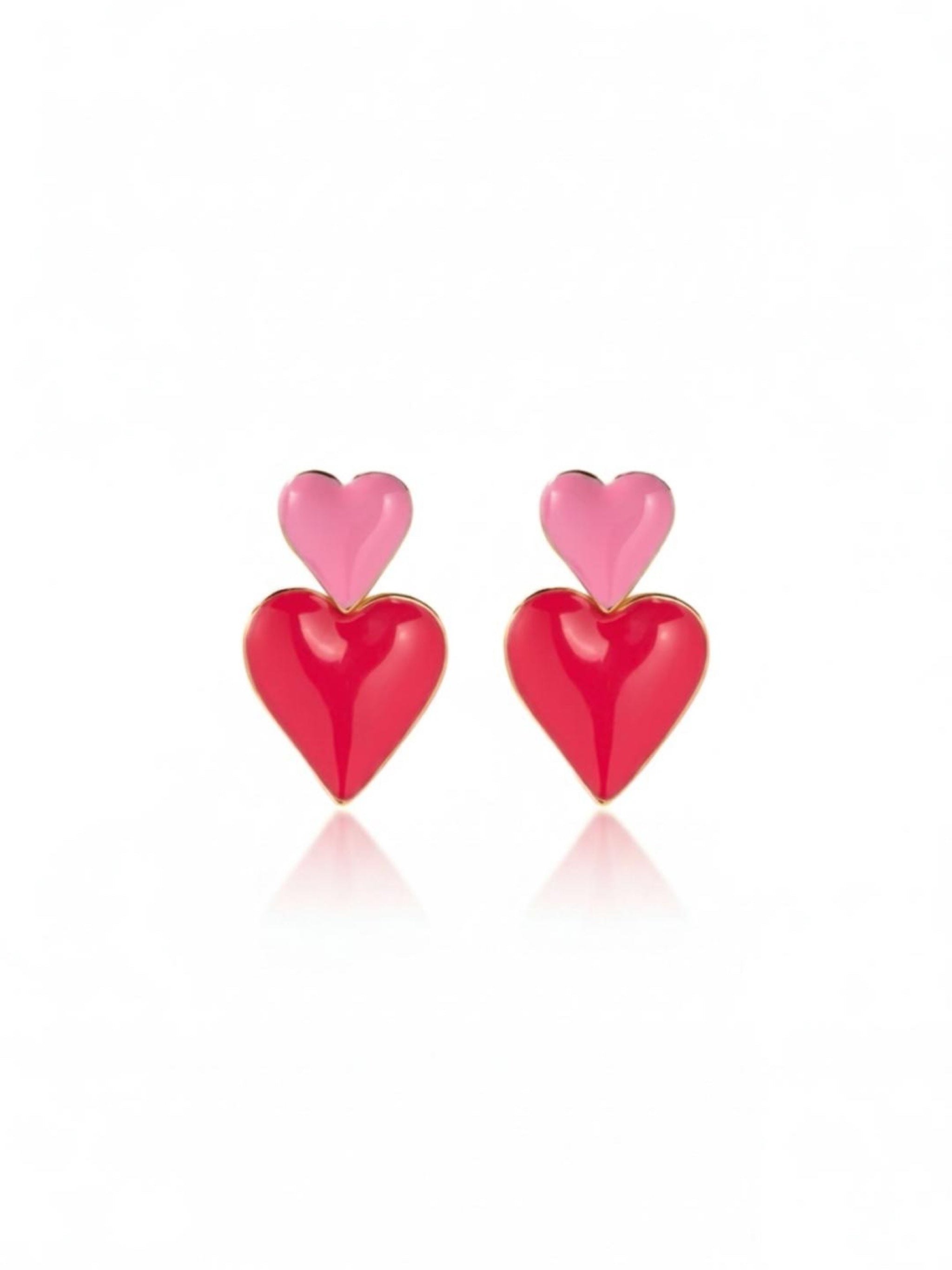 Double Heart Drop Earrings Stainless Steel 18K Gold Plated Enamel Drip Oil Pink Rose Red