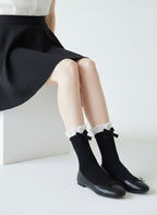 Black Cotton White Lace Trim Butterfly Knot Ankle Socks