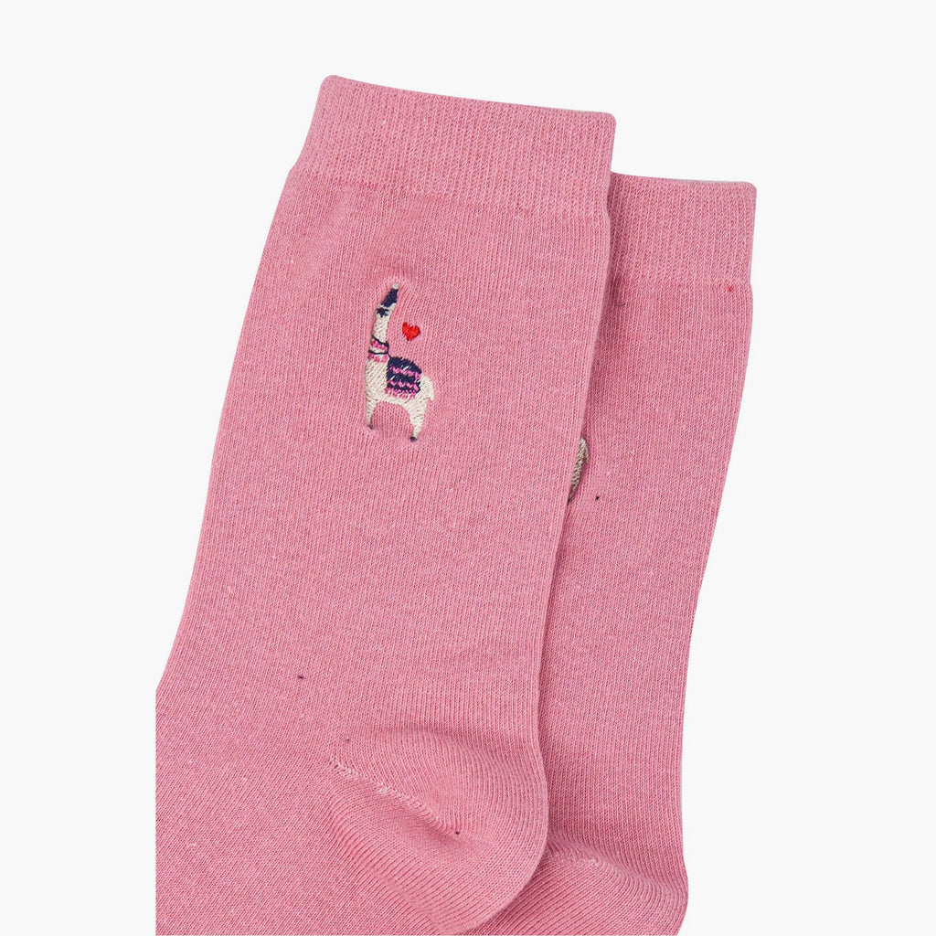 Women’s Embroidered Ankle Socks- Pink, Lama by Sock Talk