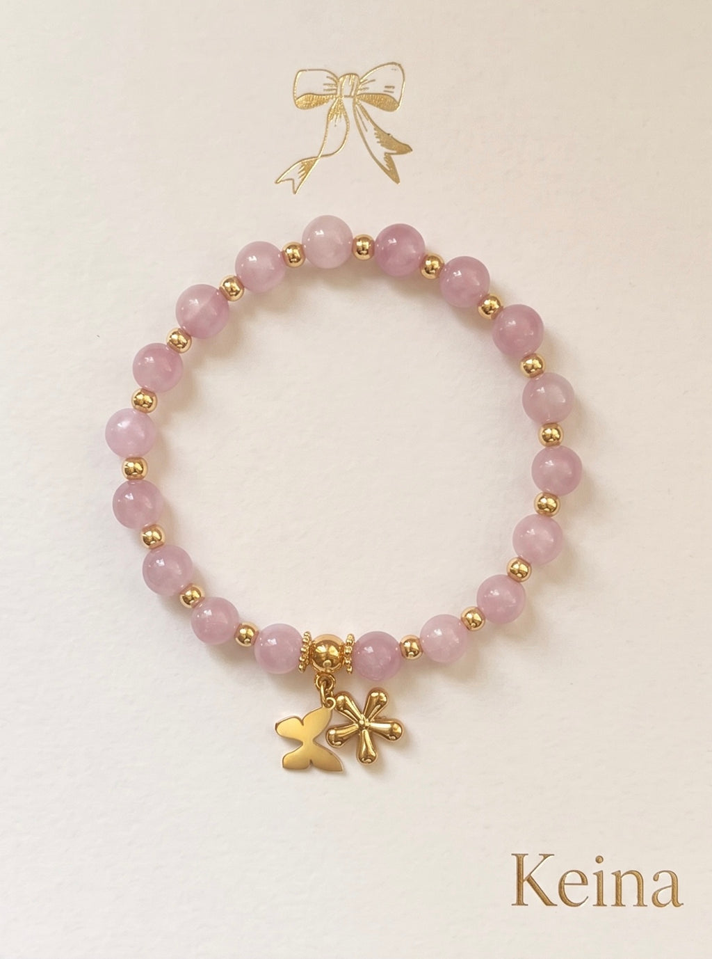 Luna Bracelet | 8mm Natural Premium Kunzite Beads | 18ct Gold-Plated Copper. Handcrafted by Artist Kristine Keina