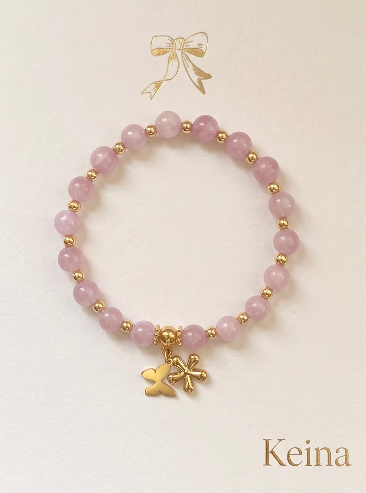 Luna Bracelet | 8mm Natural Premium Kunzite Beads | 18ct Gold-Plated Copper. Handcrafted by Artist Kristine Keina