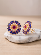 Vintage Palace Style Flower Earrings — 23mm, Royal Purple Enamel, Pink Crystal & Imitation Pearl