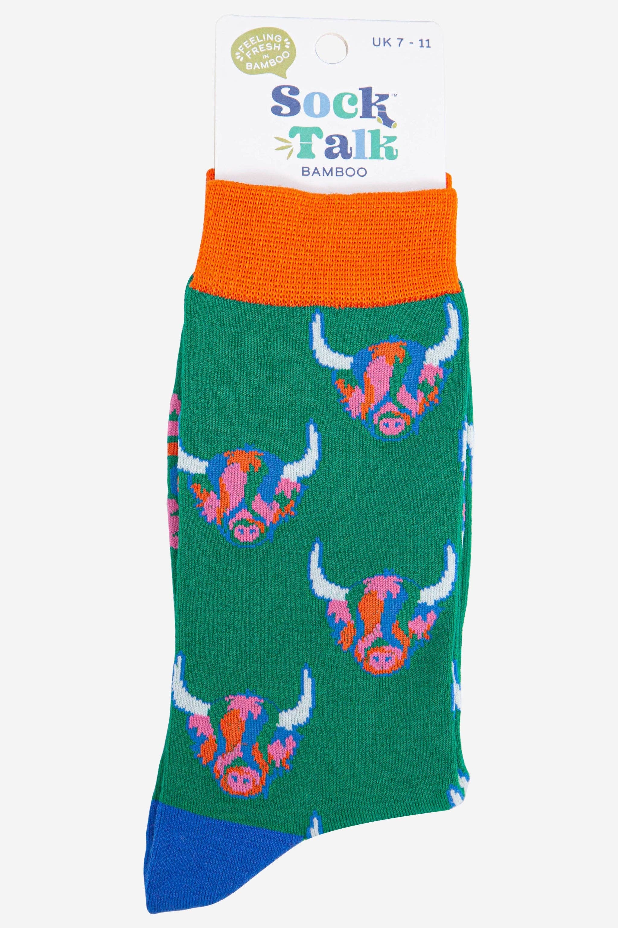 Men’s Rainbow Highland Cow Print Bamboo Socks in Green by Sock Talk