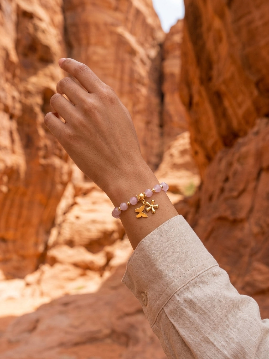 Luna Bracelet | 8mm Natural Premium Kunzite Beads | 18ct Gold-Plated Copper. Handcrafted by Artist Kristine Keina