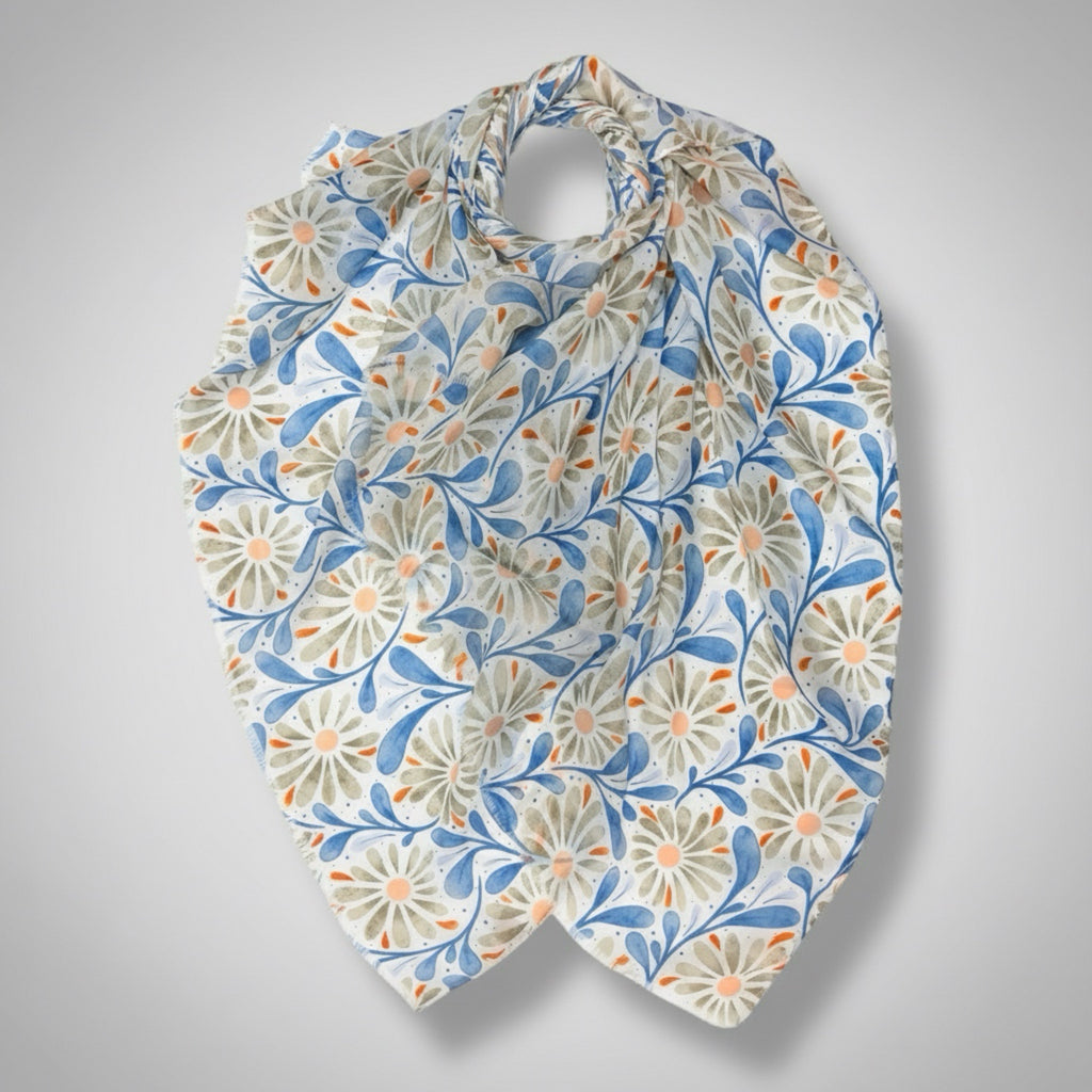 Daisy With Leaves Print in Yellow and Blue by London Scarves