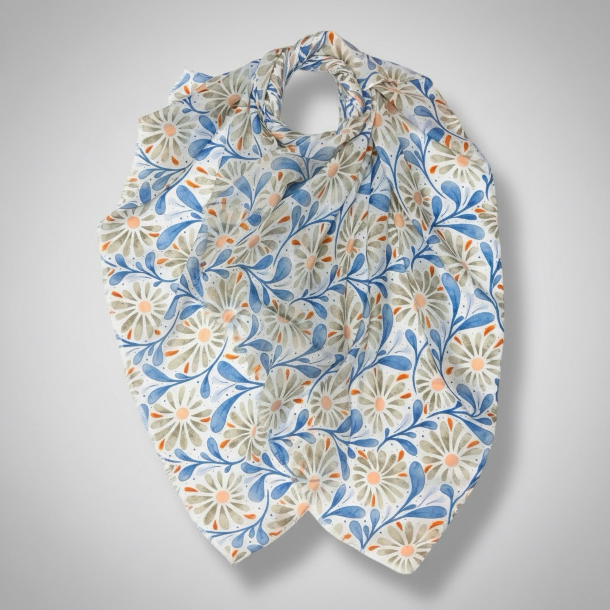 Daisy With Leaves Print in Yellow and Blue by London Scarves
