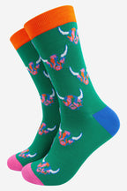 Men’s Rainbow Highland Cow Print Bamboo Socks in Green by Sock Talk