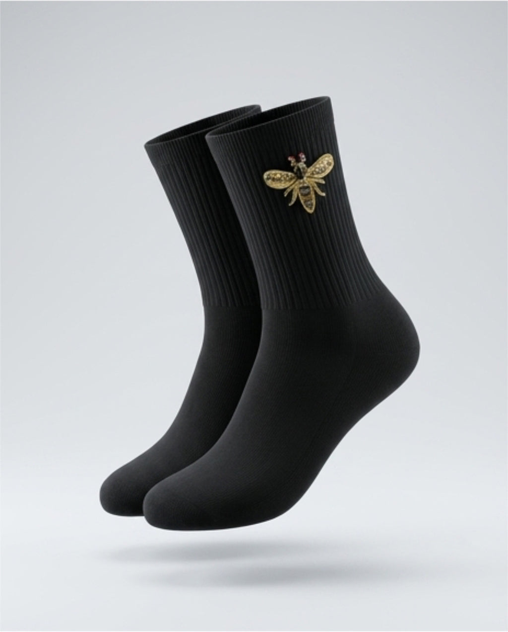 Women’s Cotton Ribbed Knit Bee Embroidery Mid Calf Socks -Black