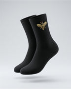 Women’s Cotton Ribbed Knit Bee Embroidery Mid Calf Socks -Black