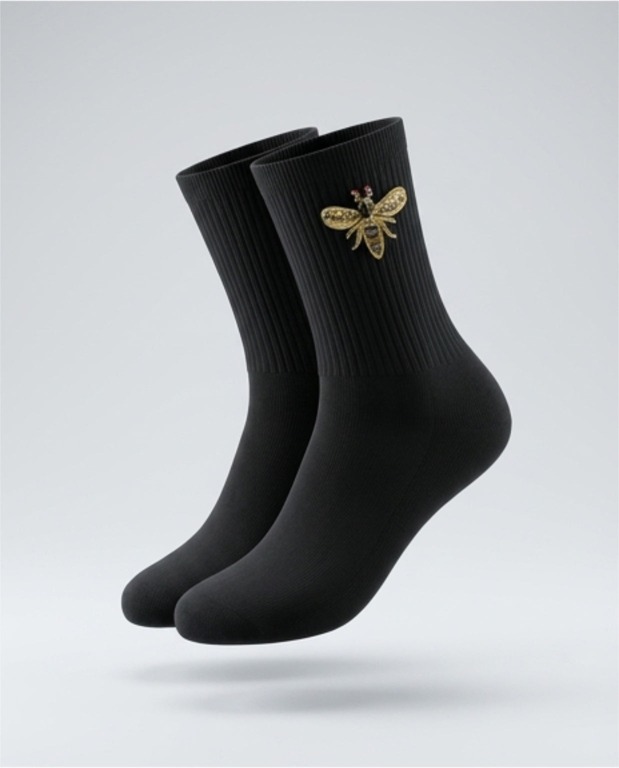 Women’s Cotton Ribbed Knit Bee Embroidery Mid Calf Socks -Black
