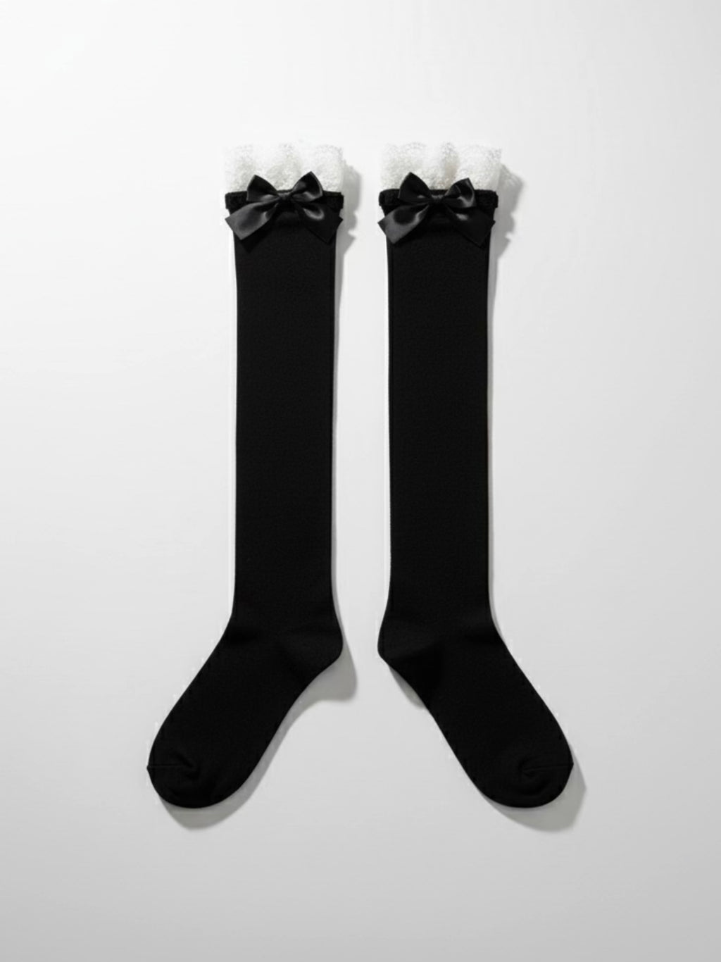 Black Cotton White Lace Trim Butterfly Knot Mid-Calf Socks