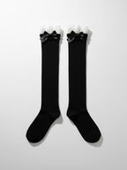 Black Cotton White Lace Trim Butterfly Knot Mid-Calf Socks