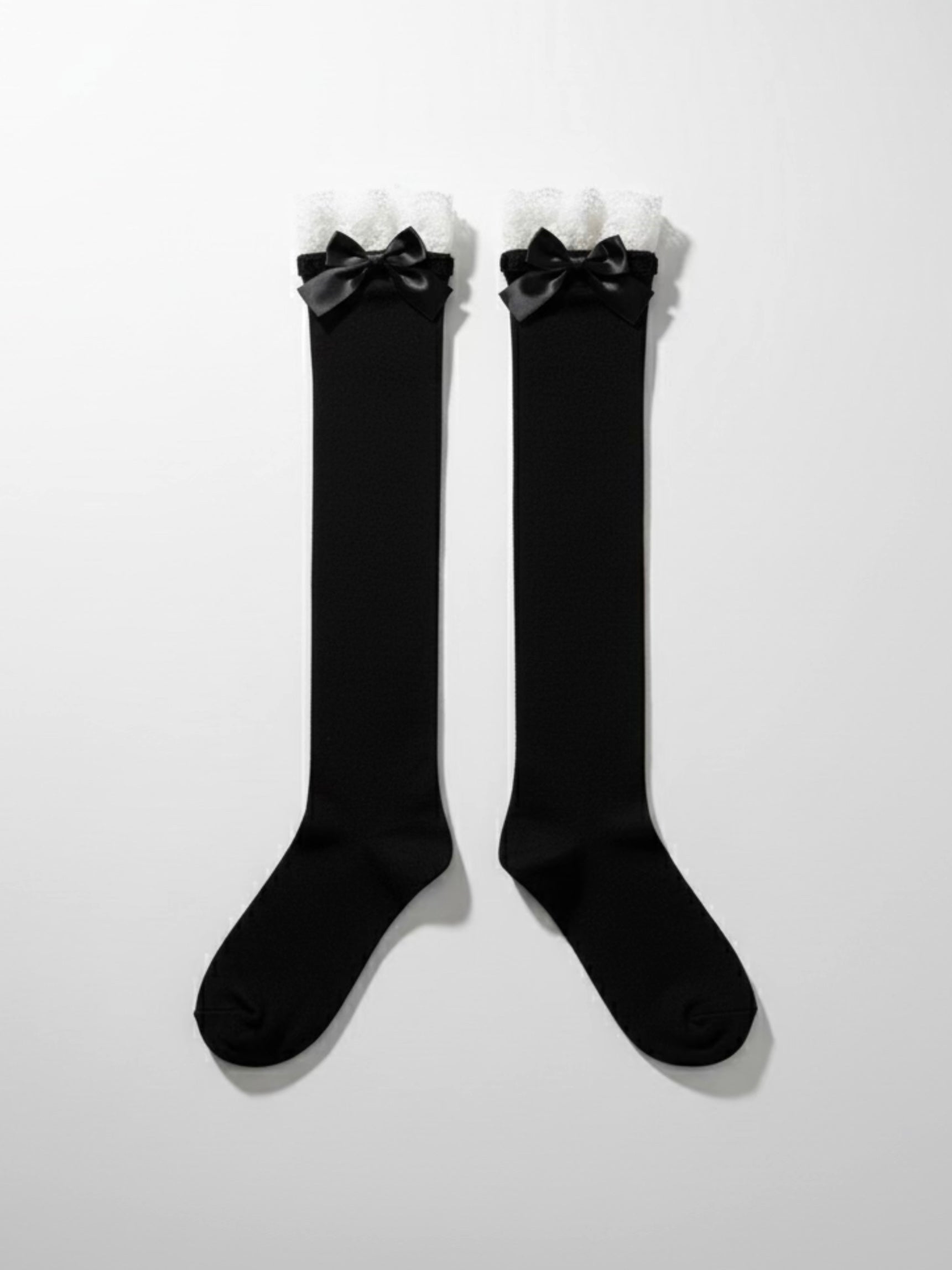 Black Cotton White Lace Trim Butterfly Knot Mid-Calf Socks
