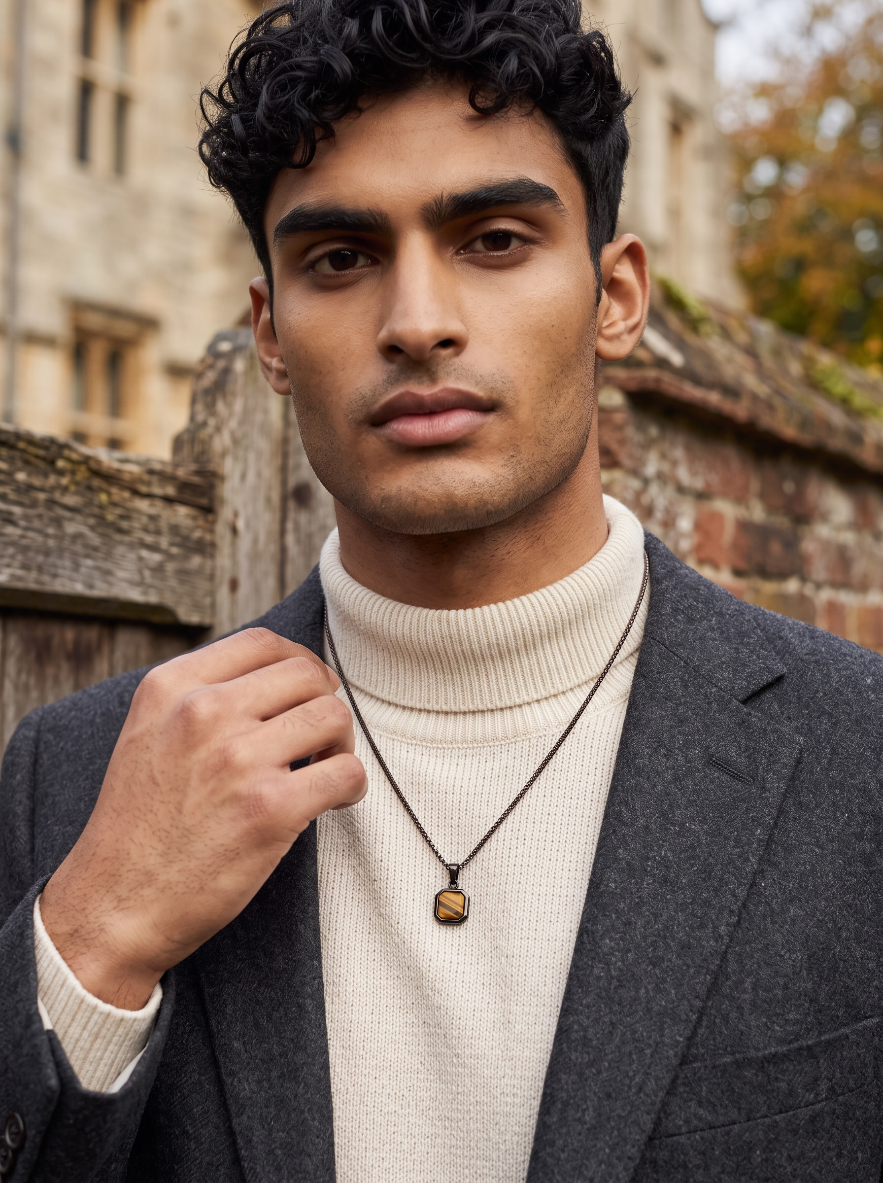 Men’s Black Stainless Steel Natural Tiger’s Eye Pendant Necklace by Pink Shop UK