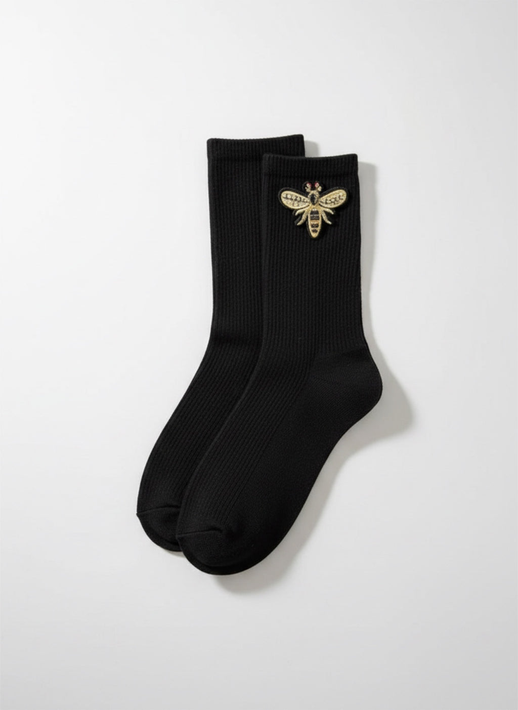 Women’s Cotton Ribbed Knit Bee Embroidery Mid Calf Socks -Black