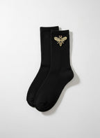 Women’s Cotton Ribbed Knit Bee Embroidery Mid Calf Socks -Black