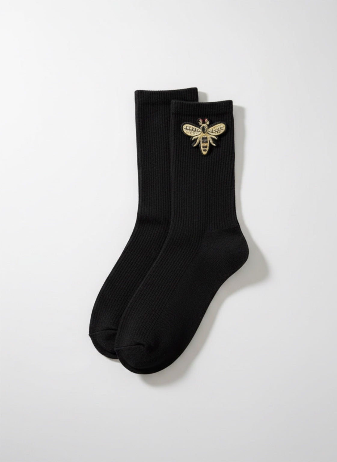 Women’s Cotton Ribbed Knit Bee Embroidery Mid Calf Socks -Black