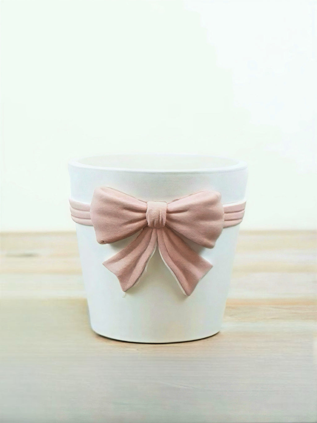 White Ceramic Plant Pot with Pastel Pink Bow • 14.5cm • Elegant Planter
