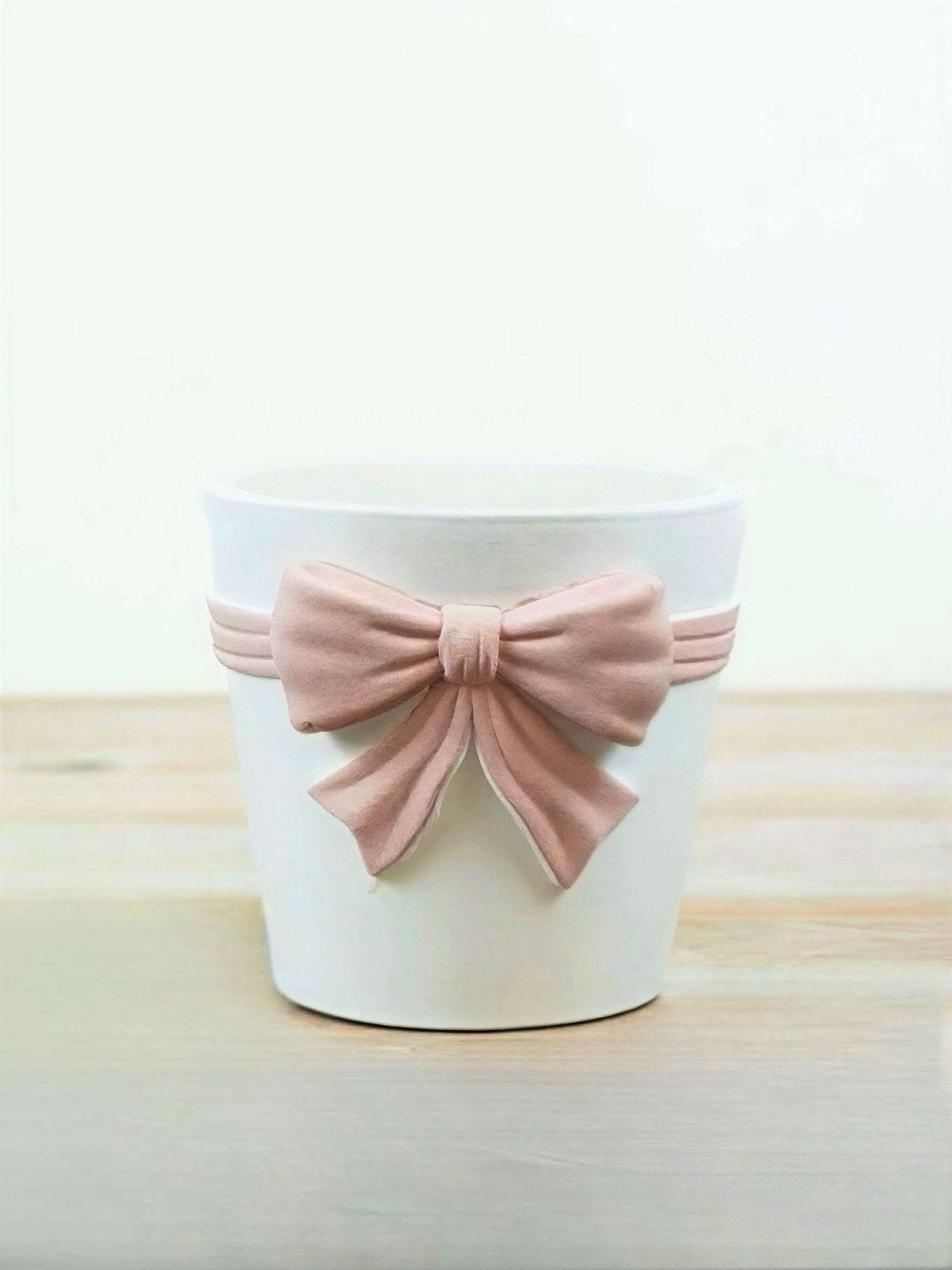 White Ceramic Plant Pot with Pastel Pink Bow • 14.5cm • Elegant Planter