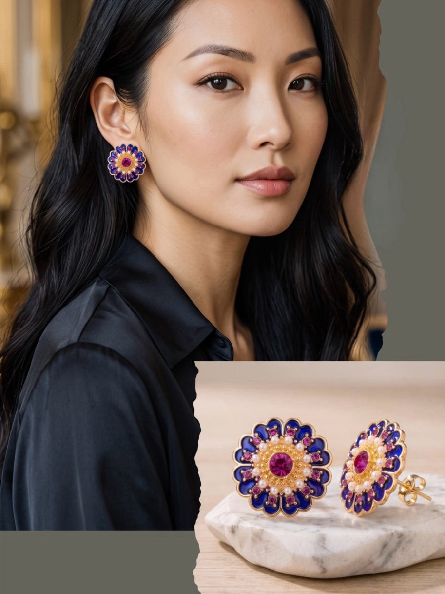 Vintage Palace Style Flower Earrings — 23mm, Royal Purple Enamel, Pink Crystal & Imitation Pearl