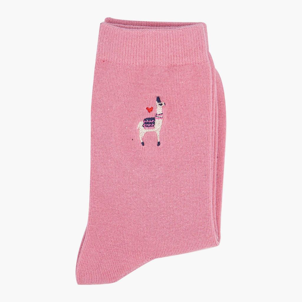 Women’s Embroidered Ankle Socks- Pink, Lama by Sock Talk