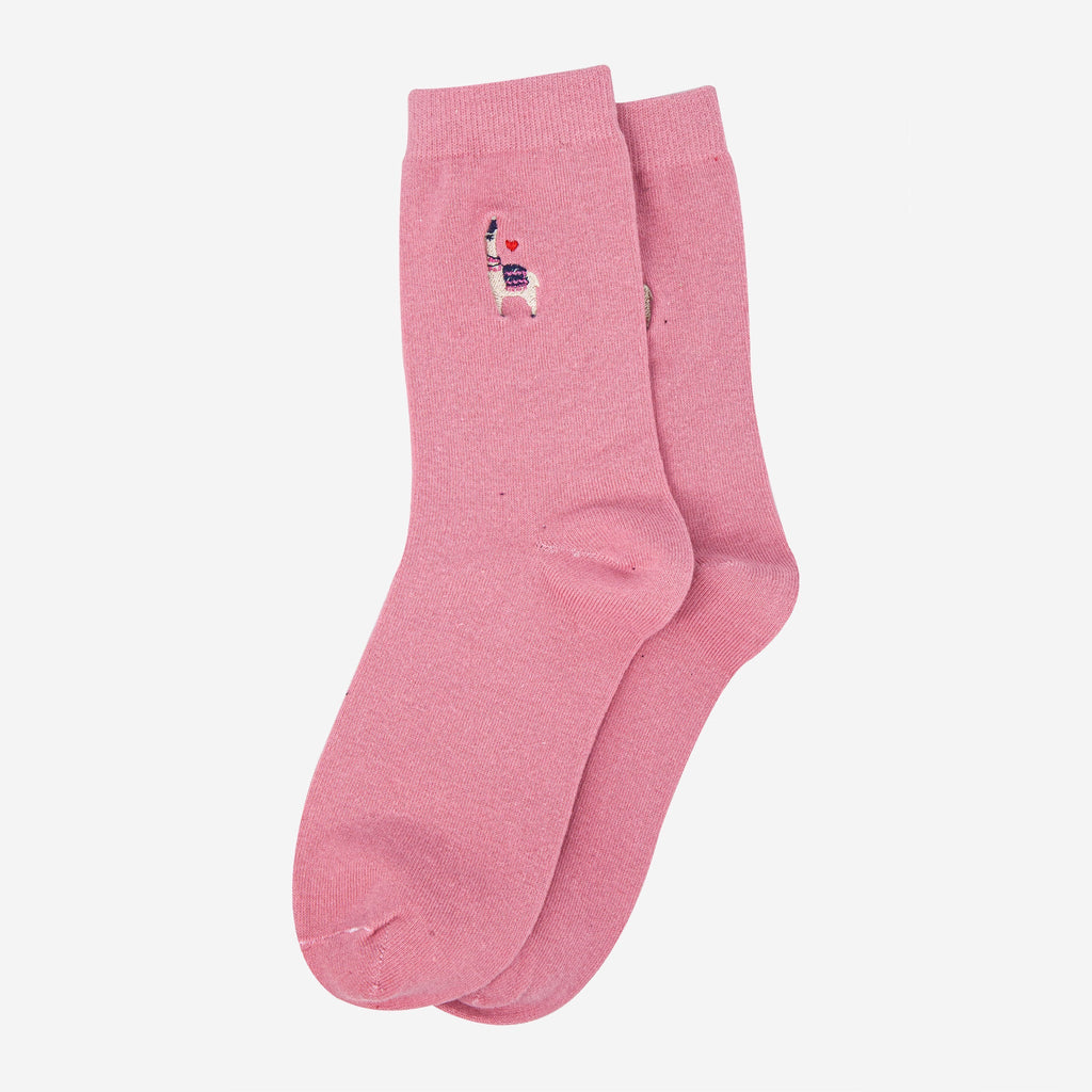 Women’s Embroidered Ankle Socks- Pink, Lama by Sock Talk
