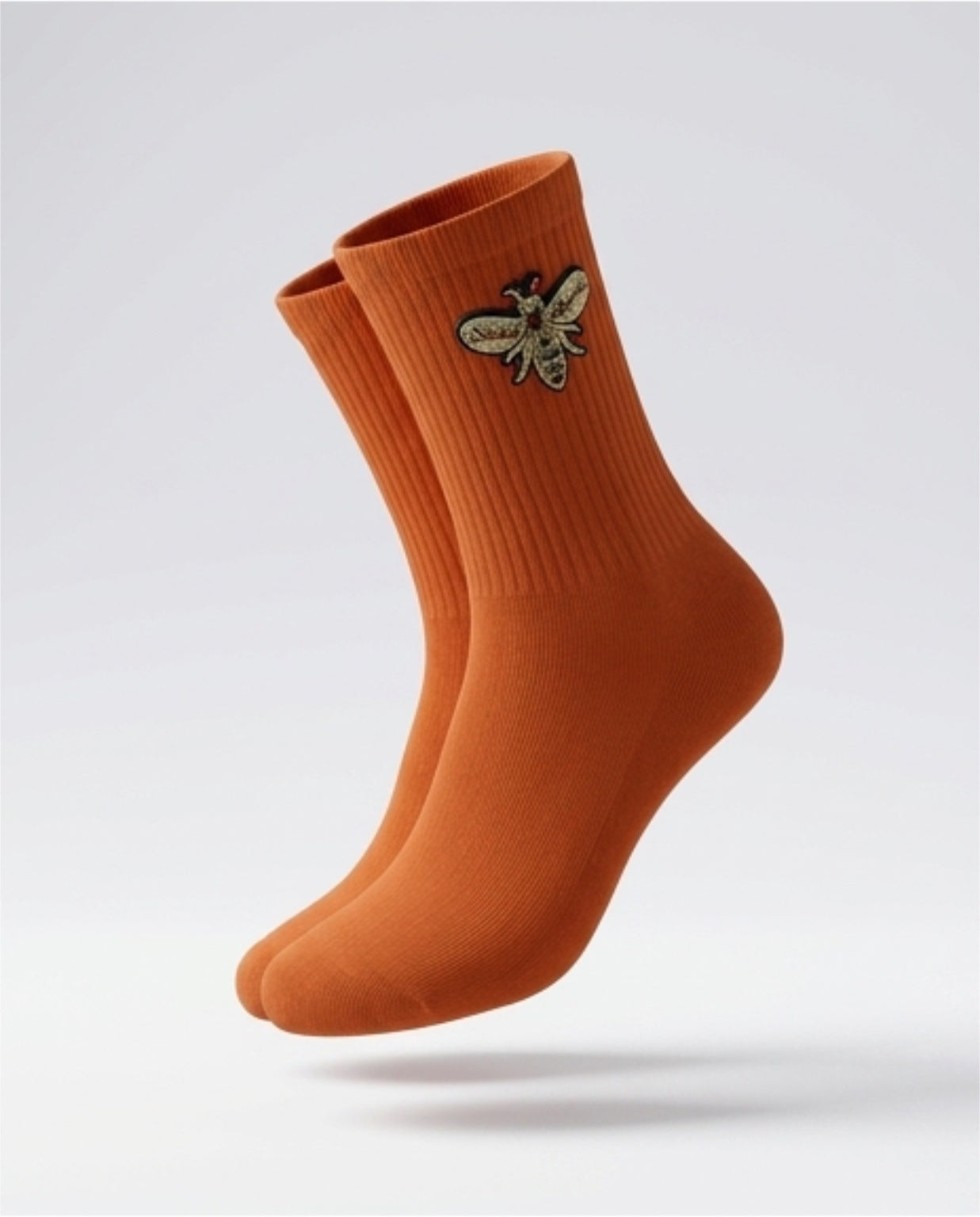Women’s Cotton Ribbed Knit Bee Embroidery Mid Calf Socks -Brick