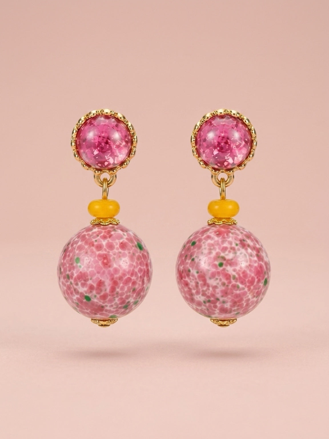 Bold Pink Mosaic & Yellow Accent Drop Earrings • 4cm × 2cm • Gold-Tone • 925 Silver Posts