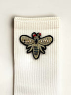 Women’s Cotton Ribbed Knit Bee Embroidery Mid Calf Socks- White