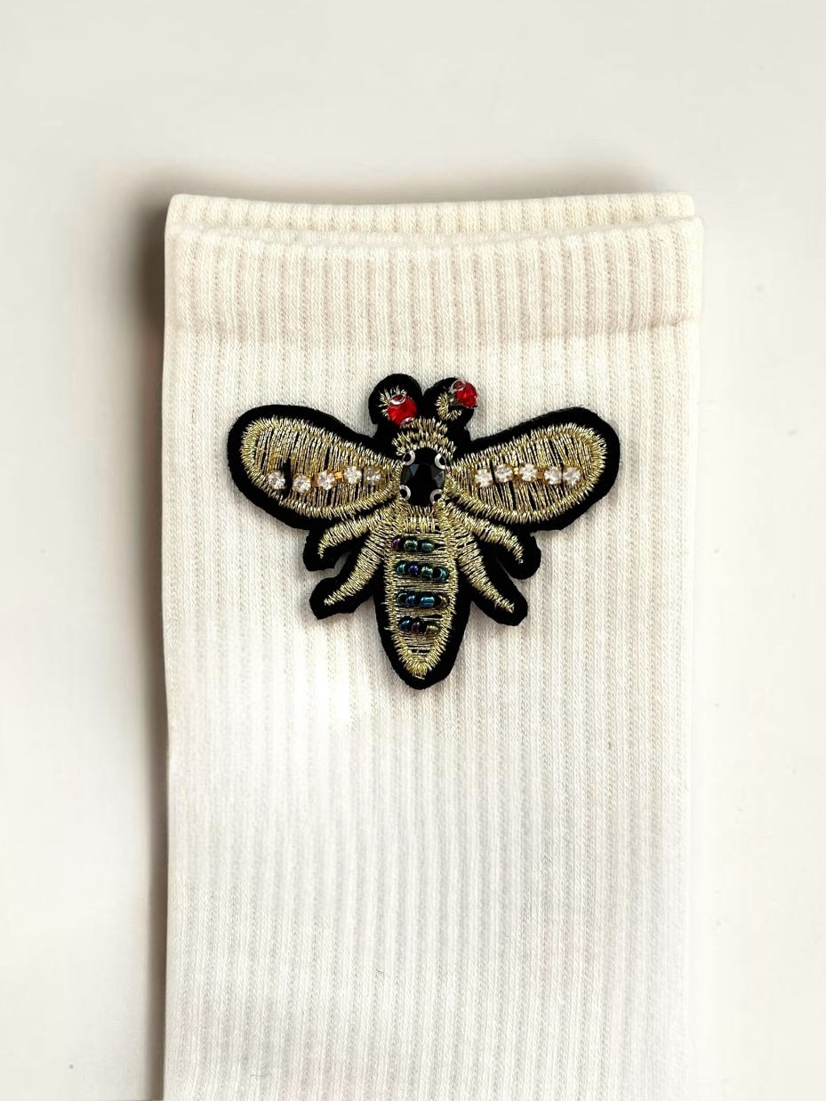 Women’s Cotton Ribbed Knit Bee Embroidery Mid Calf Socks- White