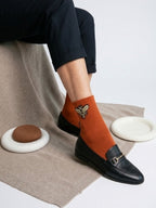 Women’s Cotton Ribbed Knit Bee Embroidery Mid Calf Socks -Brick