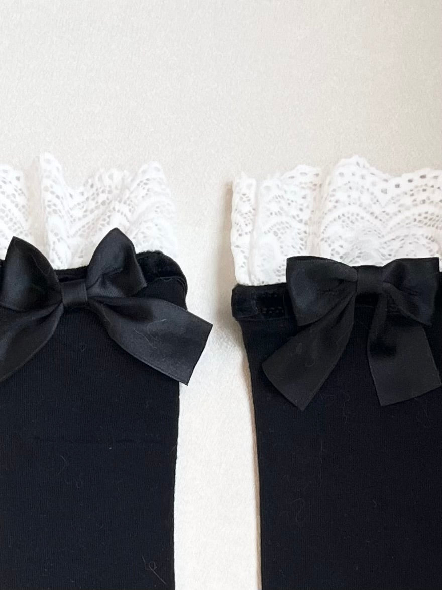 Black Cotton White Lace Trim Butterfly Knot Mid-Calf Socks