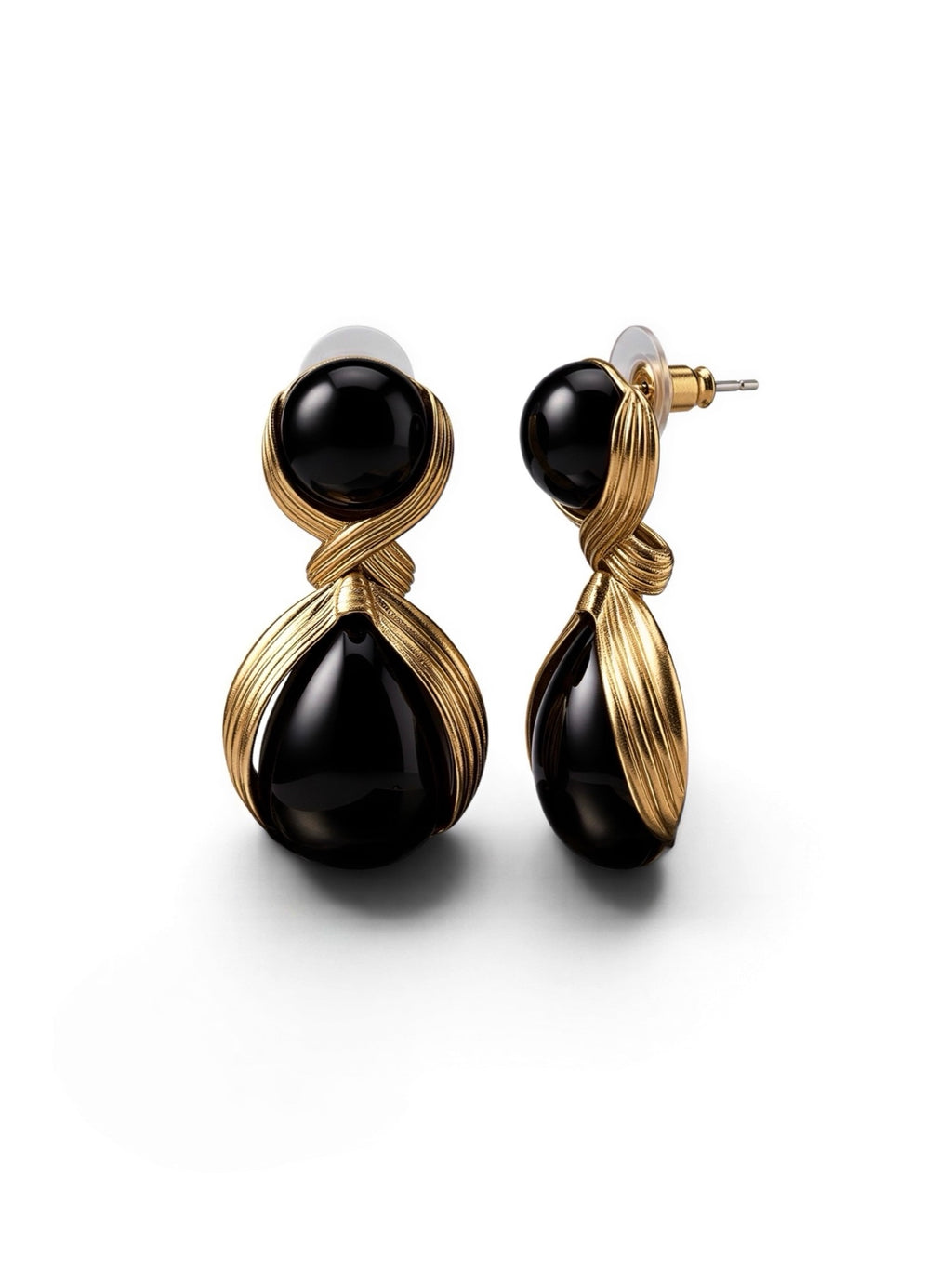 Vintage Black Onyx Style Drop Earrings • Gold Plated • 925 Silver Posts • 4.5 cm x 2.8 cm