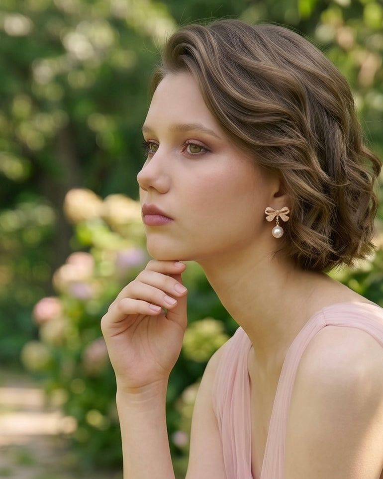 Pink Bow Imitation Pearl Drop Earrings, Alloy Enamel, 925 Sterling Silver Earring Post by Pink Shop UK