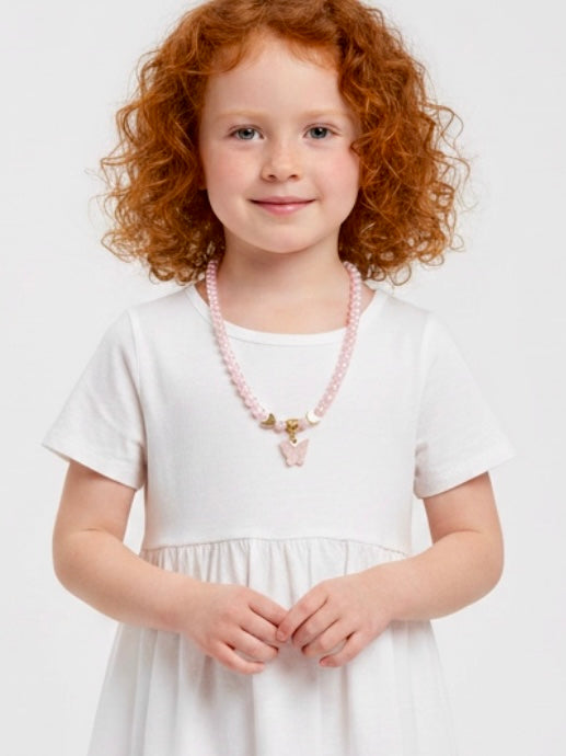 Little Ladies Pink Pearl Imitation Butterfly Half Moon Necklace by Kristine Keina. Available in Two Sizes