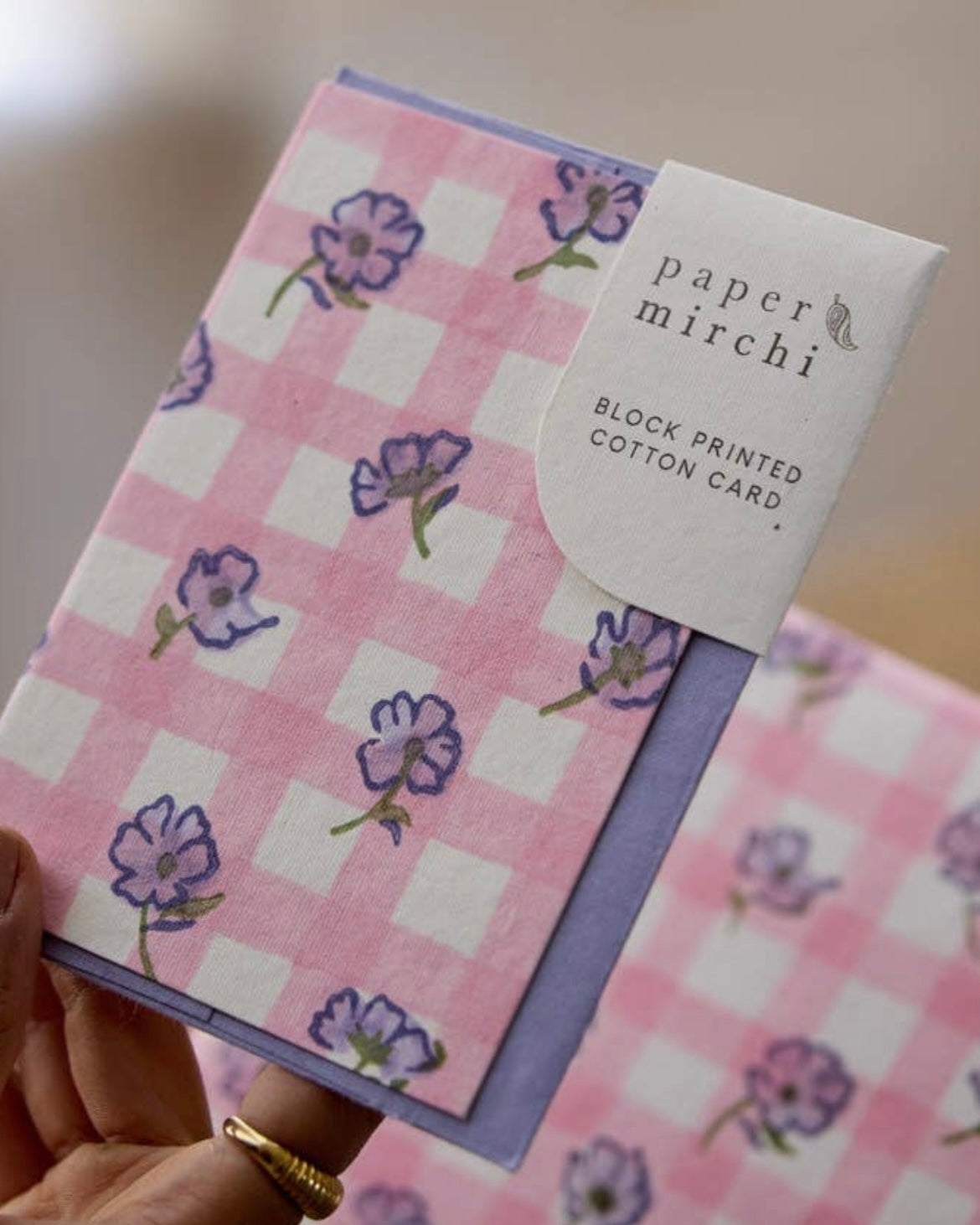 Block Printed Greeting Card- Gingham Violet Meringue by Paper Mirchi