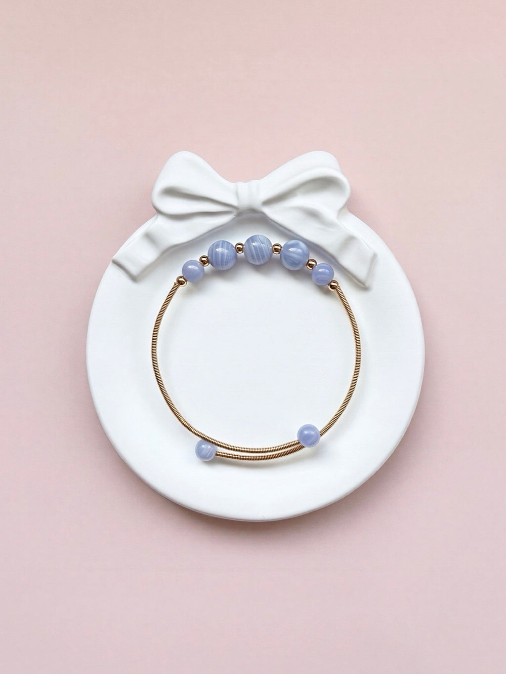 Natural Blue Lace Agate Beaded Cuff Bangle • Gold-Tone Brass • Dainty Stacking Bracelet