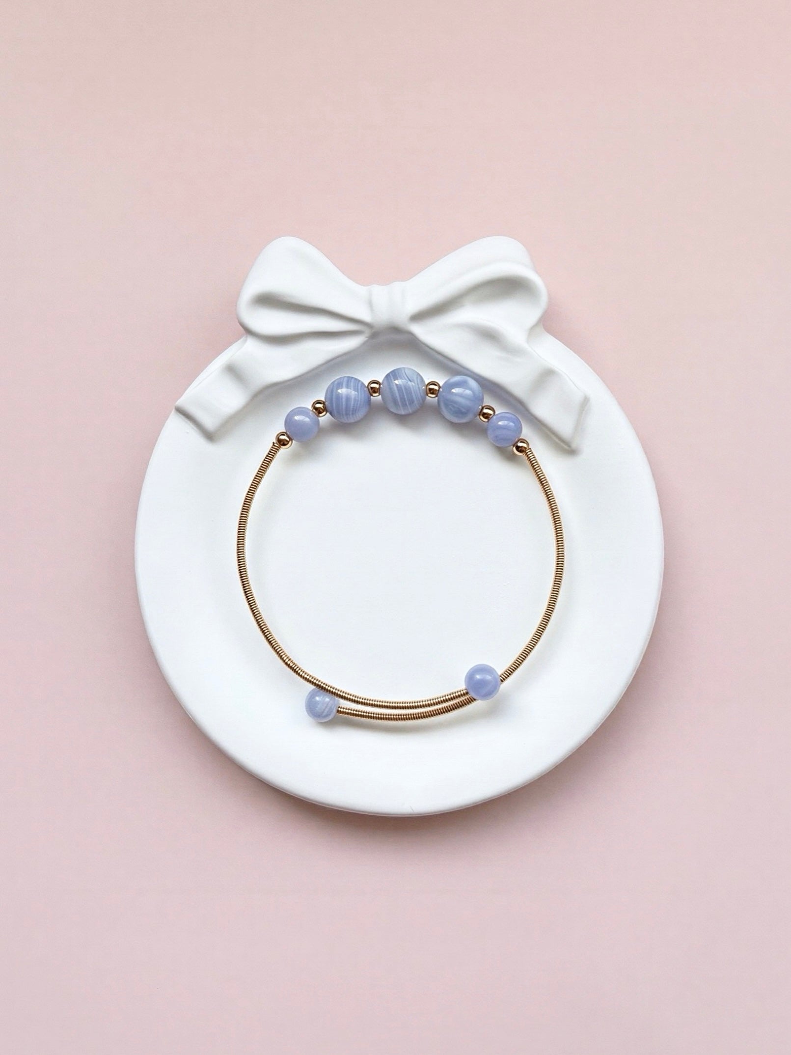 Natural Blue Lace Agate Beaded Cuff Bangle • Gold-Tone Brass • Dainty Stacking Bracelet
