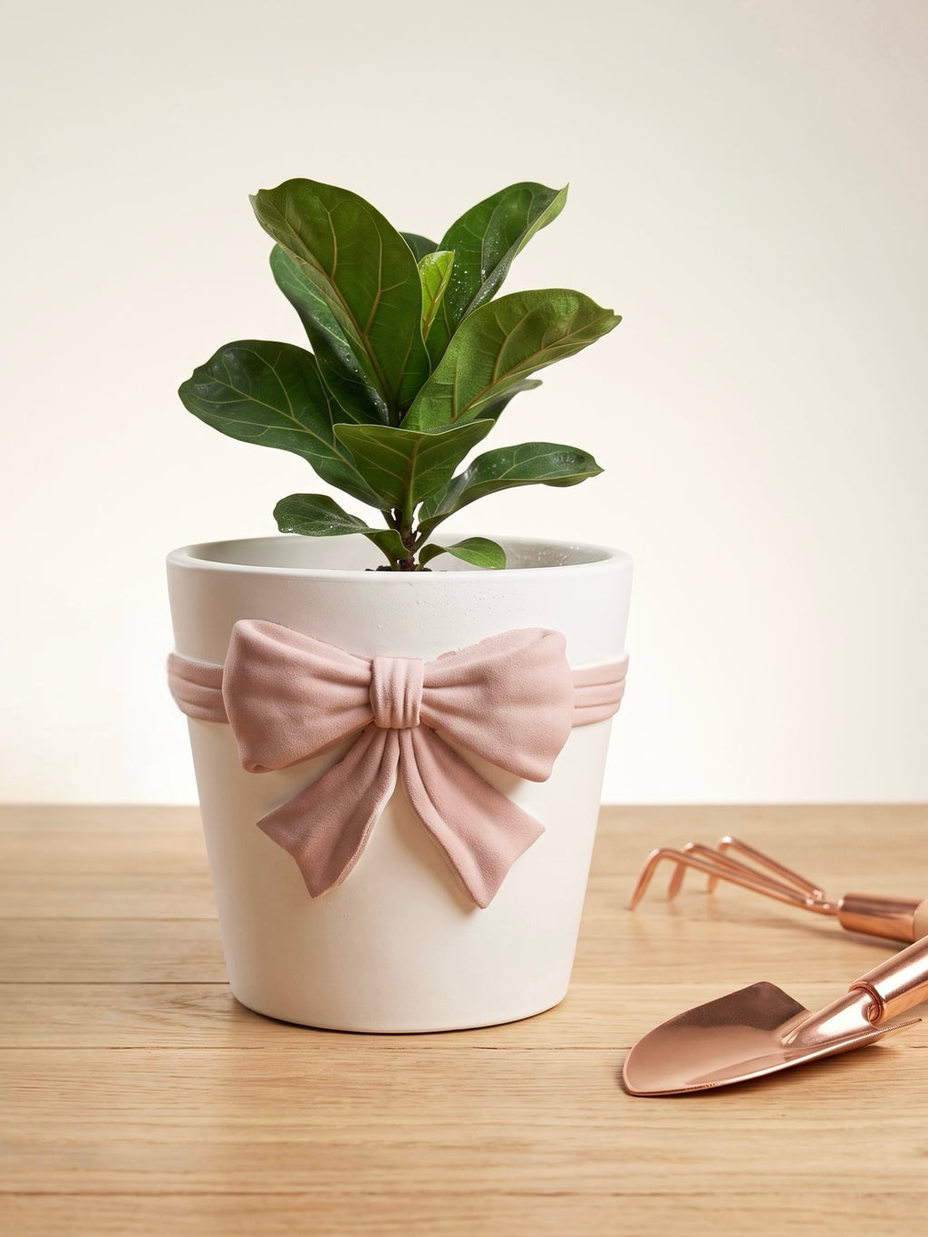 White Ceramic Plant Pot with Pastel Pink Bow • 14.5cm • Elegant Planter
