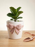 White Ceramic Plant Pot with Pastel Pink Bow • 14.5cm • Elegant Planter