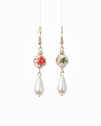 Round With Flower Pattern Porcelain Dangle Hooks, With Imitation Pearl Teardrops