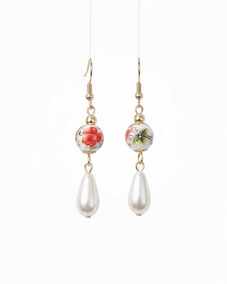 Round With Flower Pattern Porcelain Dangle Hooks, With Imitation Pearl Teardrops