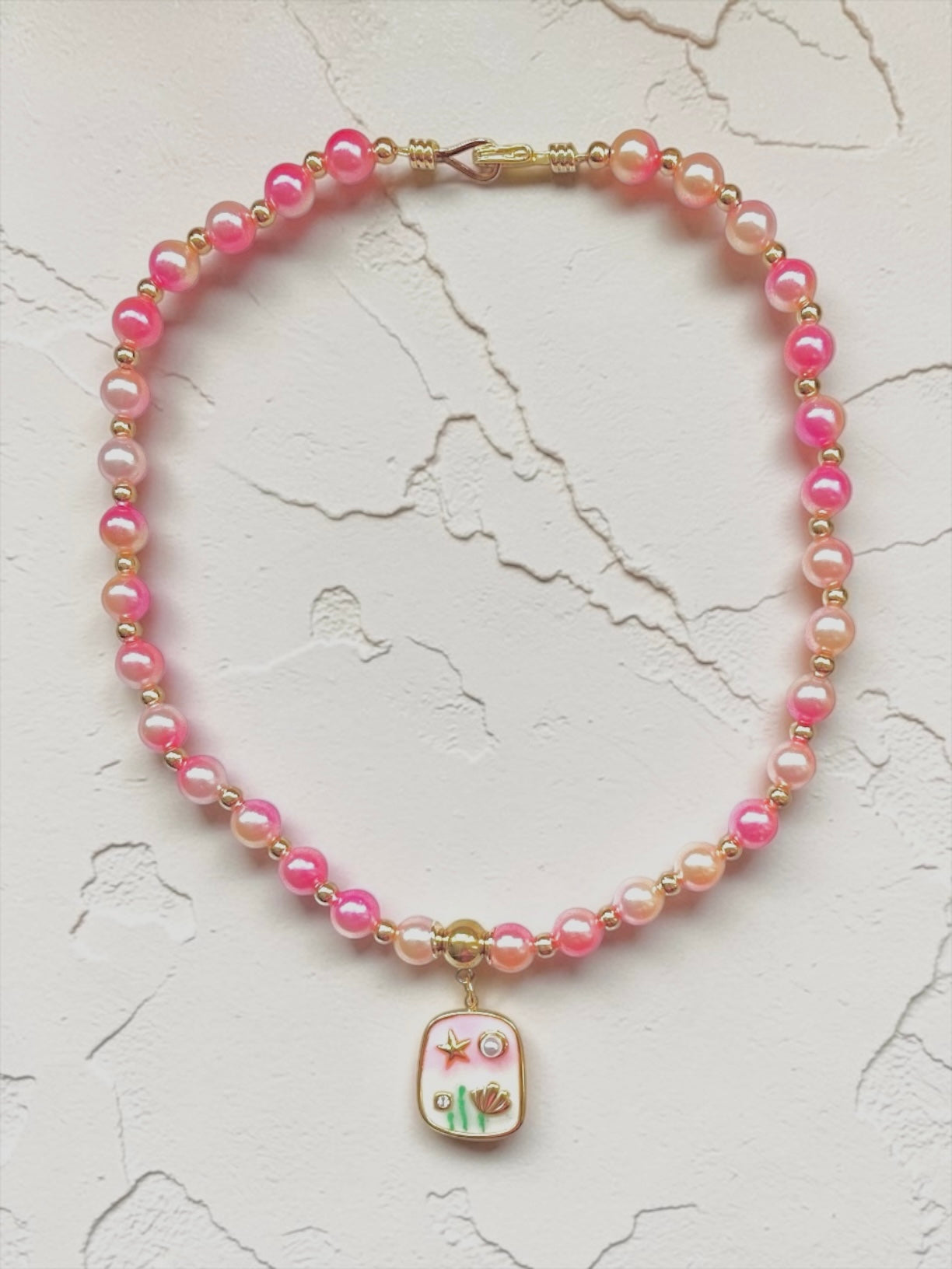 Rainbow Gradient Mermaid Imitation Pearl With 18K Gold Plated Enamel Pedant Young Ladies Necklace